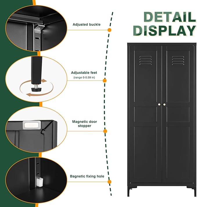 Letaya Black Storage Cabinet with Feets-Metal Home Kitchen Pantry Cabinets with Doors and Adjustable Shelves,Organization Locker for Cupboard/Bedroom/Dining/Living/Bathroom/Office/Garage Room (Black)