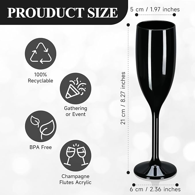 XUWAIDSGN Acrylic Champagne Flutes Toasting Glasses Unbreakable Mimosa Bar Reusable Wine Glasses Vintage Champagne Flutes Stemmed Drinking Cups 5.4 OZ for Christmas Birthday (10, Black)