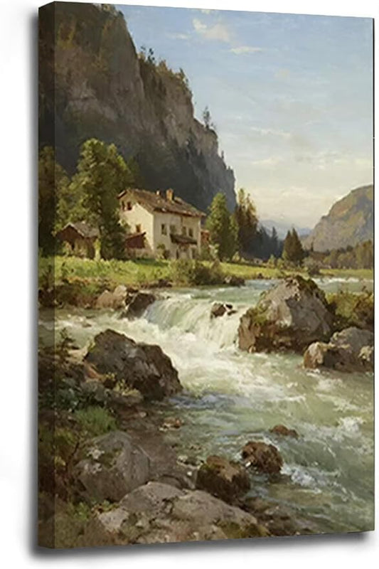 Vintage landscape rural scenery poster art farmhouse cottage wall decor living room kitchen quiet country stream suitable for bedroom bathroom