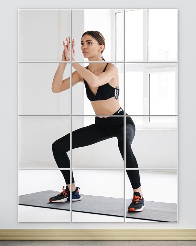 Home Gym Mirrors 12 Inch x 12Pcs Full Length Mirror Tiles Acrylic Unbreakable Wall Mounted Mirror Frameless Full Length for Home Gym, Bedroom, Door