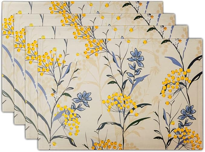 Floral Placemats Set of 4 Vintage Floral Summer Flowers Yellow Placemats for Kitchen Table Linen Placemats Washable Non-Slip Heat Resistant Place Mats for Party Kitchen Dining Decorations 18x12 Inch