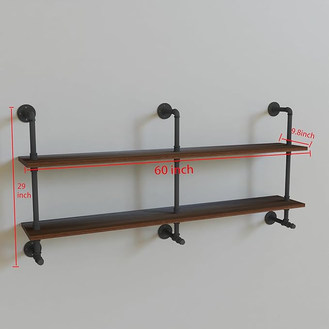 Industrial Pipe Wall Shelves Pipe Shelving with Real Wood Plank ,60 Inches Floating Shelves for Wall Farmhouse Pipe Book Shelves Dark Brown 2 Tier for Kitchen,Living Room Decor and Bar Shelving