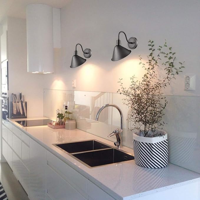 DIRYZON Industrial Gooseneck Wall Sconces Antique Black Barn Light for Kitchen Sink Patio Porch Set of 2