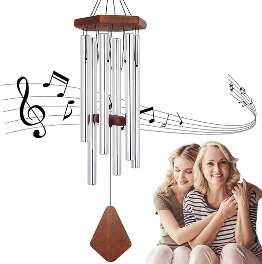ASTARIN Memorial Wind Chimes for Outside, 30'' Deep Tone, Sympathy Wind-Chime Personalized with 6 Tuned Tubes, Elegant Chime for Garden Patio Balcony and Home Silver