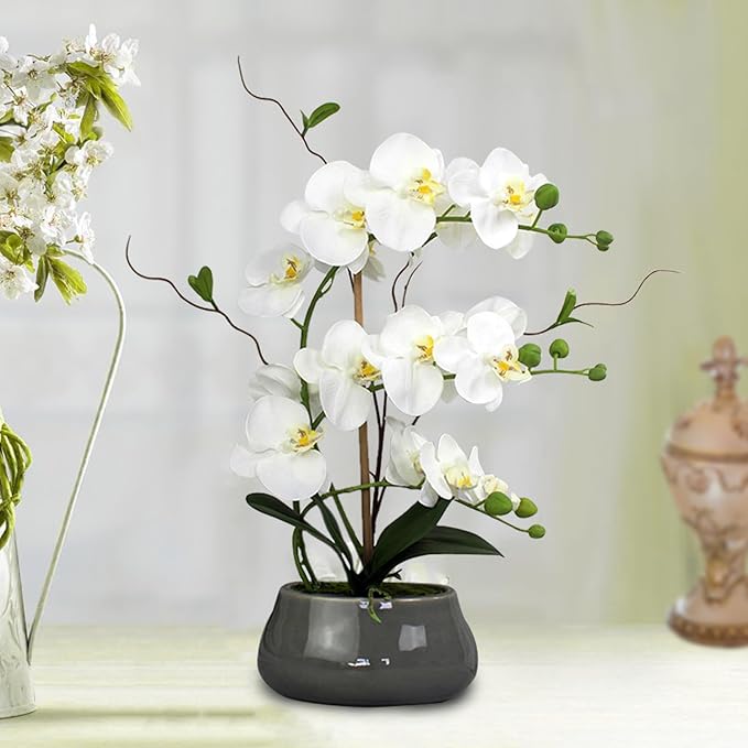White Orchid Artificial Flowers with Gray Vase Large Silk Faux Phalaenopsis Flowers for Dining Room Table Floral Centerpieces Indoor Decoration