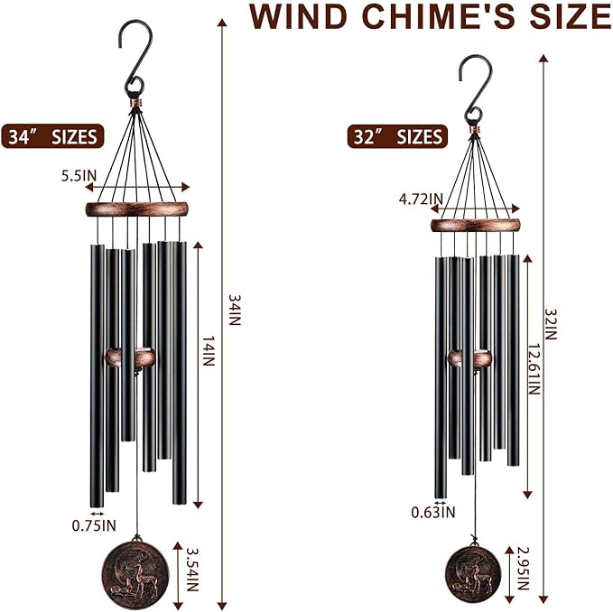 Wind Chimes for Outside, Deer Deep Tone Vintage Wind Chime Outdoor Clearance, Sympathy/Memorial/Festivals/Birthday Gift for Mom Dad Grandma, Home Garden Patio Decor (32" Deer)