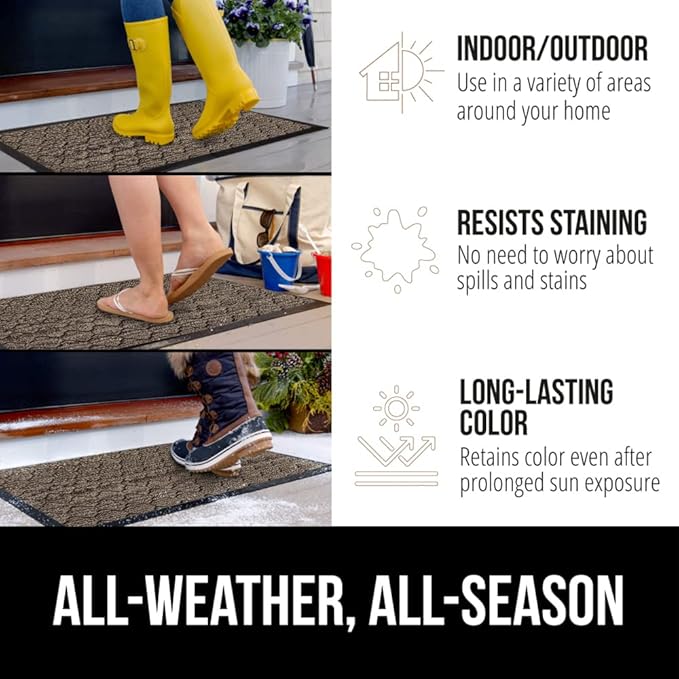 GORILLA GRIP 100% Waterproof All-Season WeatherMax Doormat, 60x24, US Designed Natural Rubber, Stain and Fade Resistant, Low Profile Indoor Outdoor Door Mats, Easy Clean Patio Mat, Latte Quatrefoil