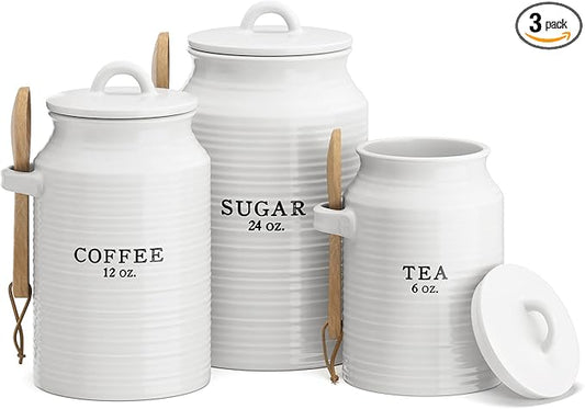 Barnyard Designs Canister Set for Kitchen Counter, Coffee Tea Sugar Container Ceramic Set, Decorative Canisters, Rustic Farmhouse Canister Jars, White (Coffee/Sugar/Tea)