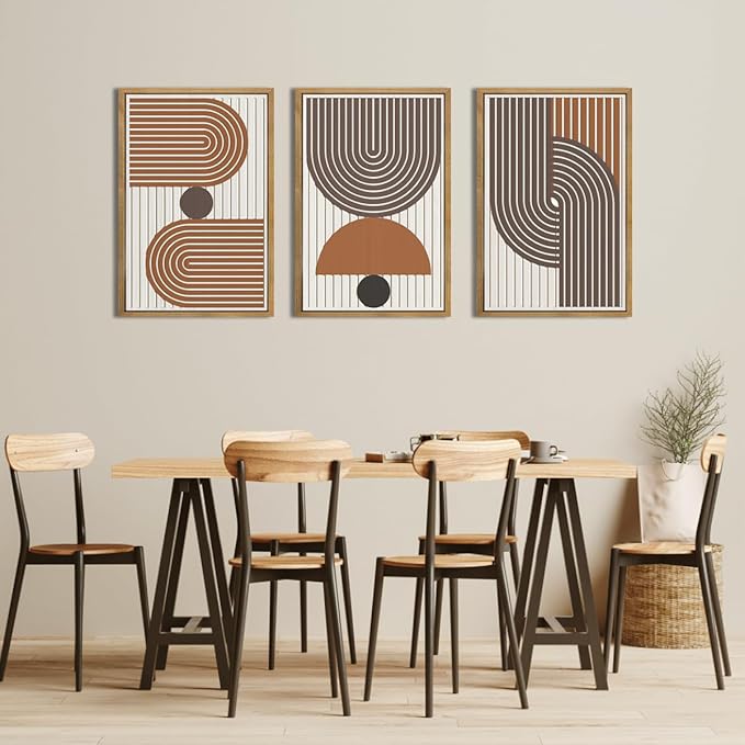 Mid Century Boho Modern Wall Art Set Abstract Geometric Wooden Wall Decor Minimalist Line Neutral Artwork Mid Century Wood Art Decor for Living Room Bedroom Office-16x24Inch x3