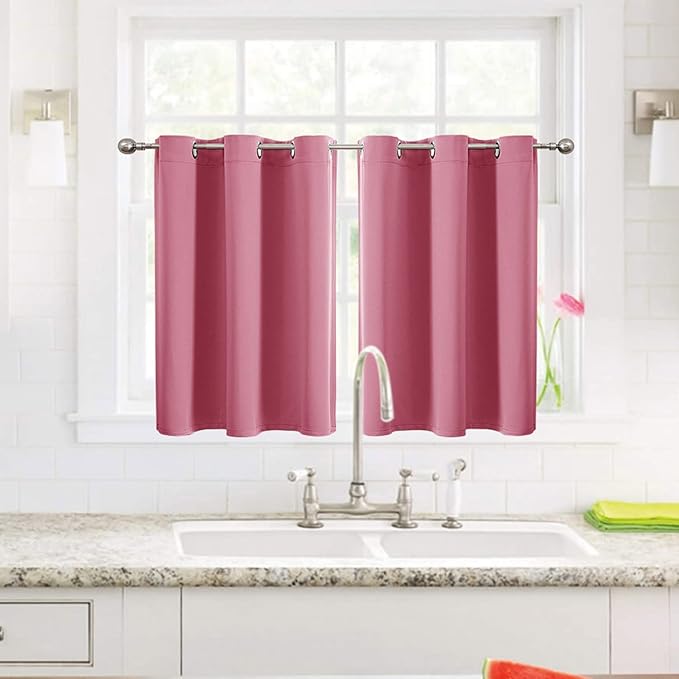 ChrisDowa Small Window Curtains for Kitchen and Bedroom - Grommet Short Thermal Insulated Room Darkening Curtains (2 Panels, Pink, 34 x 36 Inch)