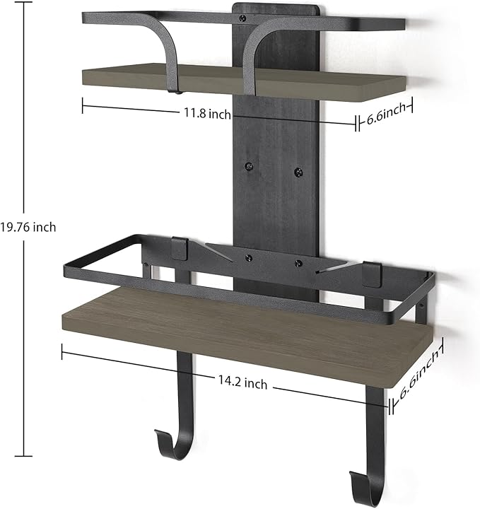 VINAEMO Ironing Board Hanger Wall Mount, 2-Layer Iron and Ironing Board Holder, Laundry Room Shelves Solid Wood with Removable Hooks Home Organization and Storage