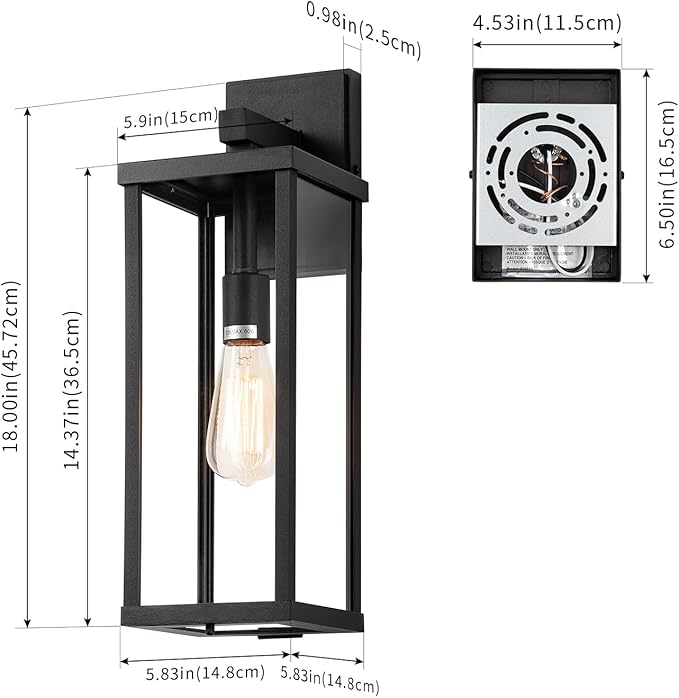 mirrea 18" Classic Outdoor Wall Sconce 1 Light in Matte Black Rectangular Metal Frame and Clear Glass Shade Waterproof Porch Light Patio Light Pack of 2