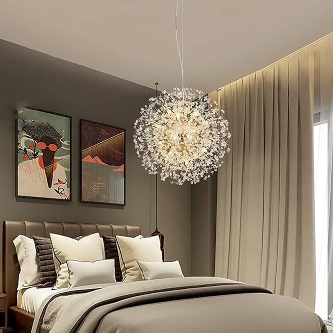 Modern Crystal Chandelier, Sputnik Dandelion High Ceiling Hanging Lamp, Large Beaded Gold Pendant Light for Living Room Dining Room Kitchen Island Bedroom (Gold 16Lights)