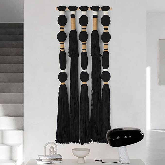 Macrame Wall Hanging Black Sphericity Cotton Tassels Textile Hanging Geometric Yarn Wall Art for Bedroom Living Room Decor 15.7" W x 39" L