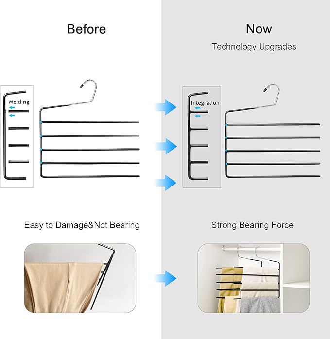 Nature Smile Pants Hangers 3pack, Heavy Duty Multi Layers Space Saving Slack Hangers,Non Slip 5 Tier Open-Ended Pants Hanger Closet Storage Organizer for Garden Flags Trousers Jeans Scarf