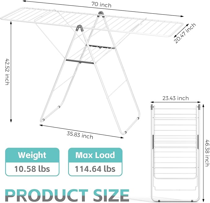 APEXCHASER Clothes Drying Rack, Oversized Drying Rack Clothing with Height-Adjustable, Foldable Gullwings Metal Laundry Rack, Indoor Outdoor Use, No Assembly, White
