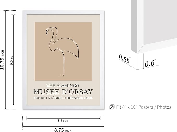 Poster Master Vintage Poster - Retro Minimalist Print - Gift for Artist, Housewarming - Flamingo, Line Drawing, Sketch, Abstract - Wall Decor for Living Room, Bedroom, 8x10 White Framed