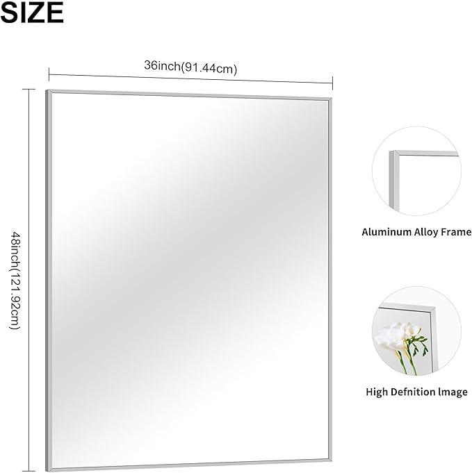 Silver Bathroom Mirror, 48"X36" Rectangle Mirrors for Wall Metal Frame, Bathroom Rectangular Mirror Modern Wall Mirror for Bedroom Living Room, Hangs Horizontal or Vertical