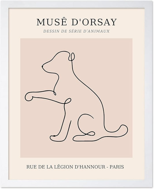Poster Master Vintage Poster - Retro One Line Dog Drawing Print - Dog Art - Minimal Gift for Men, Women, Animal Lover - Abstract Wall Decor for Home, Office, Bedroom, 11x14 White Framed