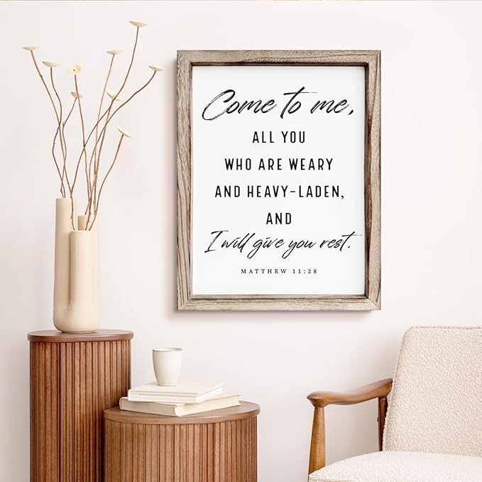 Christian Wooden Wall Signs, Living Room Decor, Bedroom Signs, Scripture Home Decor, Bible Verse Decoration, Framed Wall Plaque Sign 15 * 11.5 inches, Come to Me Sign
