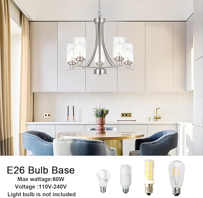 BONLICHT 5 Lights Traditional Chandelier Brushed Nickel Kitchen Island Dining Room Lighting Fixtures Hanging Seeded Glass Pendant Light Modern Flush Mount Ceiling Light for Living Room Bedroom Foyer