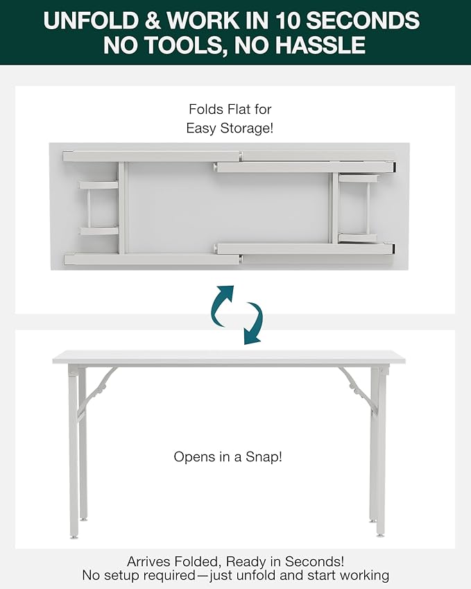 Frylr Small Folding Computer Desk – Portable 55.1 Inch Foldable Laptop Table, Collapsible and Compact for Easy Storage and Fast Setup, Lightweight for Small Spaces, Craft and Study Use, White