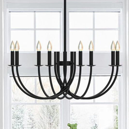 Large Black Chandeliers Light Fixture, Modern Candle Pendant Lighting, Round LED Hanging Lamp Ceiling for Bedroom Living Room Dining Room Kitchen Island Farmhouse (Black-C 8Lights)