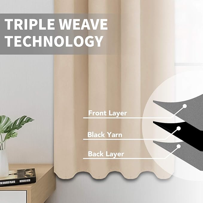 Easy-Going Blackout Curtains for Bedroom, Solid Thermal Insulated Grommet and Noise Reduction Window Drapes, Room Darkening Curtains for Living Room, 2 Panels (52x84 in,Beige)