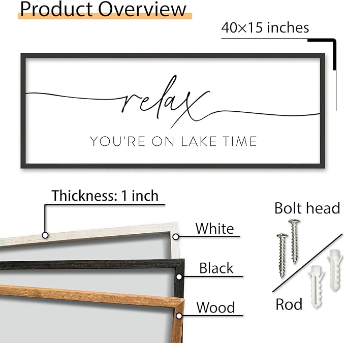 SRSZHIYUE Relax You're On Lake Time Wall Decor Above Bed Sign 40"×15" for Lake House Bedroom Over Bed Large Wood Framed Hanging Art (Black)