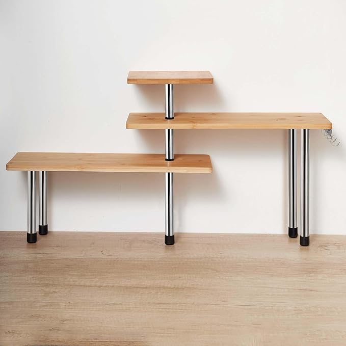 HYNAWIN Corner Shelf Bamboo & Metal Storage Spice Rack, 3 Tier Desk Bookshelf Display Shelves Space Saving Organizer, Adjustable Rack for Kitchen, Bed Room, Office-Best Home Décor (Upgraded Shelf)