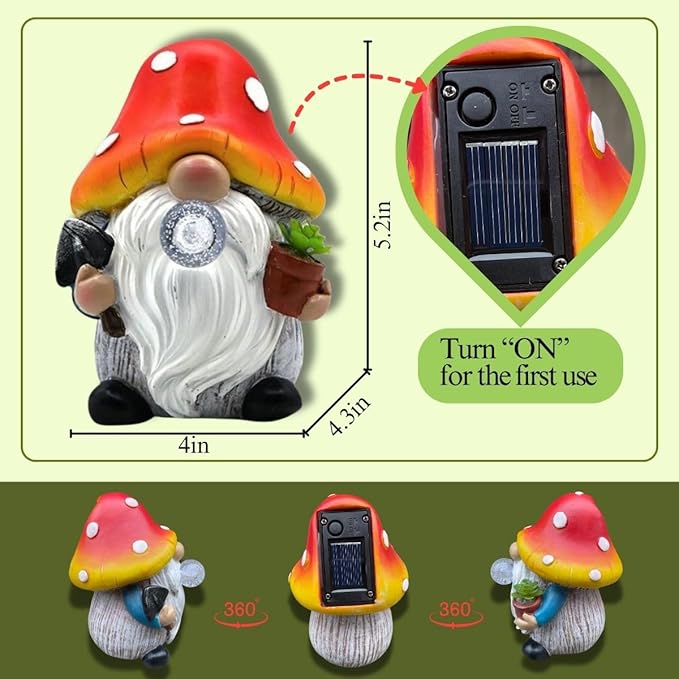 Solar Mushroom Gnomes Garden Statues Outdoor Decor with Night Glow,Cute Fairy Garden Statues for Yard,Pathway,Lawn Art Ornamen,Spring,Easter,Birthday Christmas Women Mom Gift Idea (Red)