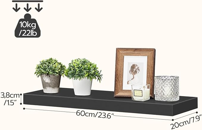 HOOBRO Floating Shelves for Wall, Wall Mounted Shelf Set of 2, 23.6" Hanging Shelf with Invisible Brackets, for Wall in Bathroom, Bedroom, Toilet, Kitchen, Living Room, Office, Black BK60BJ01