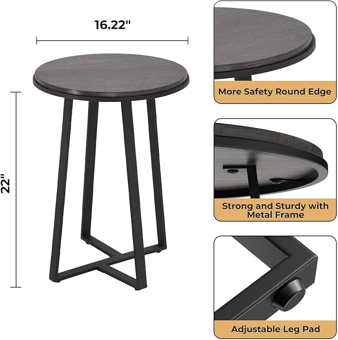 Round End Table, Small Side Table Grey Color MDF Top, Metal Frame Black, Tall End Side Table for Bed Room, Coffee Tea End Table for Living Room(Round Grey)