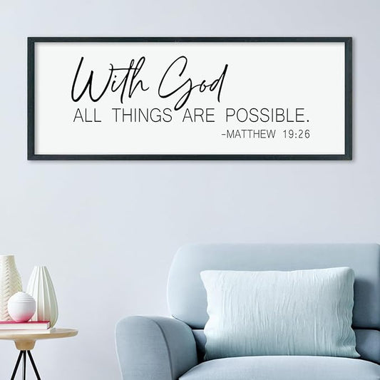 LuZhiQiang With God All Things Are Possible Wall Decor 40"×15" Matthew 19:26 sign Bible Verse Scripture for Living Room Large Wood Framed Wall Hanging Art (Black)