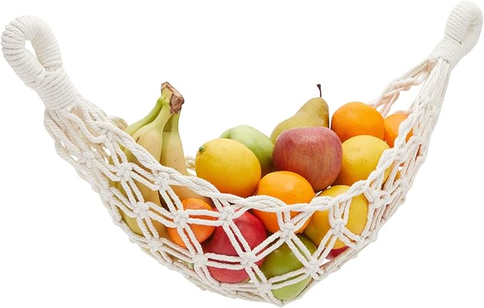 Okuna Outpost Macrame Hanging Fruit Basket Hammock for Kitchen - 6 x 25 x 15 in - White Cotton Modern - Under-Cabinet Storage with 2 Hooks for Bananas