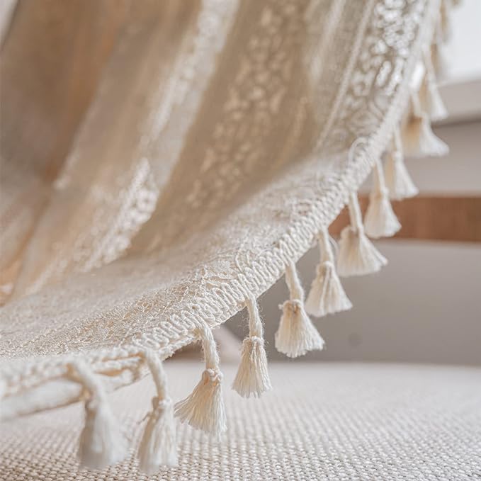 Sutuo Home Boho Curtain Crochet Lace Semi-Sheer Florals Hollow Knitted Handmade Tassels, Rod Pocket Window Treatment Vintage Rustic Farmhouse Drapes for Living Bedroom, 1 Panel 59" W x 84" L, Beige