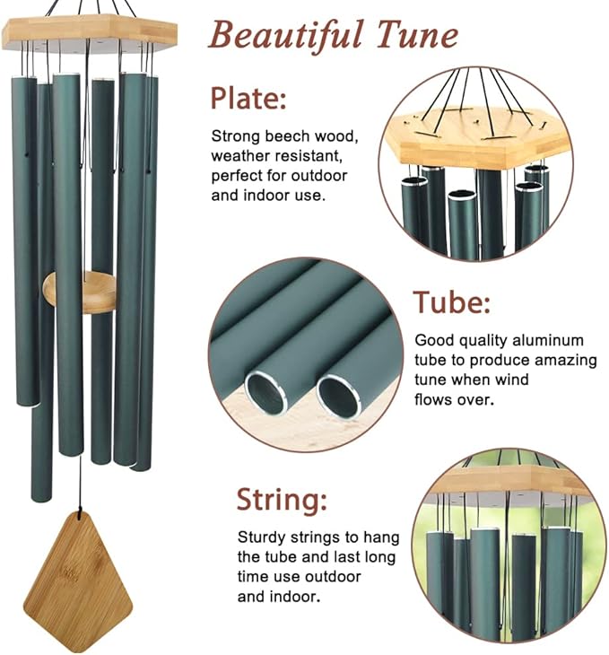 Wind Chimes Outdoor Deep Tone, 36 Inches Large WindChimes Outdoor Sympathy Windchime for Mom/Housewarming/Christmas, Garden Chimes for Outside Decoration. Green