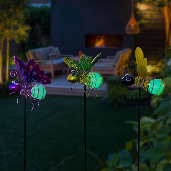 Garden Decor for Outside,3 Pcs Luminous Insect Garden Decorative Stakes,Glow in The Dark Bee Lights Metal Yard Art,Waterproof Outdoor Spring Lawn Patio Pathway Decoration for Mom,Women,Grandma