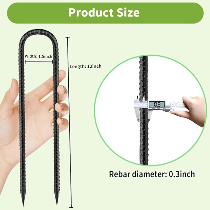 Rebar-Stakes-12-Inch, Ground Stakes Heavy Duty U-Hook Black Coated Anti-Rust Heavy Duty Ground Anchors for Garden Dog Fence Chicken Coop Christmas Decorations Deer Fence 20pcs