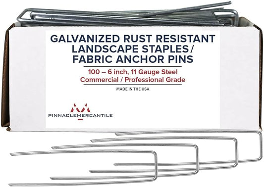 Pinnacle Mercantile USA Made 100 Pack Garden Landscape Staples Weed Barrier Fabric Stakes Galvanized 6 inch Pins Anti Rust Sod Staple 11 Gauge Steel