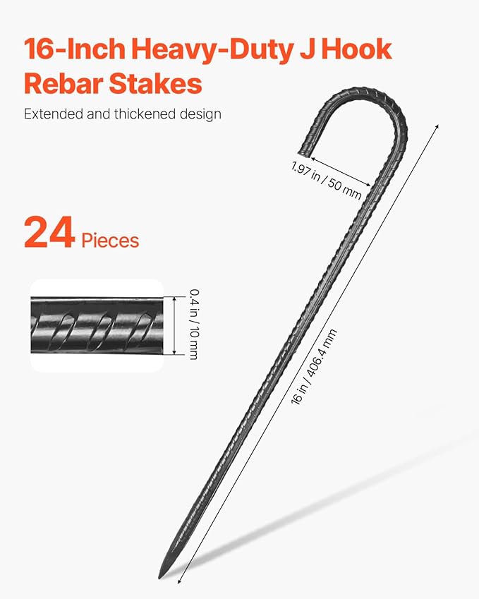 VEVOR Rebar Stakes, 16-Inch, Heavy-Duty 0.4 in Diameter J Hook, Galvanized Steel Ground Anchors with Chisel Point End & Rust-Resistant Coating, for Gardening Support, Fence, Camping Tents (24-Pack)