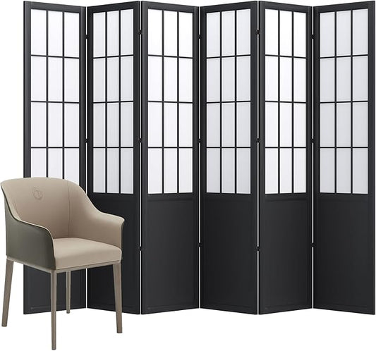Room Divider, 66.9Inch Tall Japanese Shoji Style Folding Wood Screen with Double Hinges for Home Office Bedroom Hotel Decoration (6Panels, Black)
