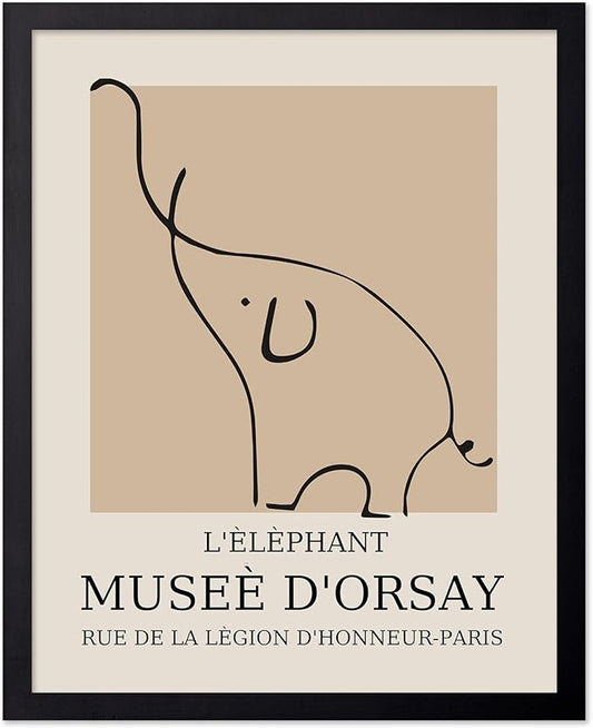 Poster Master Vintage Poster - Retro Minimalist Print - Gift for Artist, Housewarming - Elephant, Line Drawing, Sketch, Abstract - Wall Decor for Living Room, Bedroom, 11x14 Black Framed