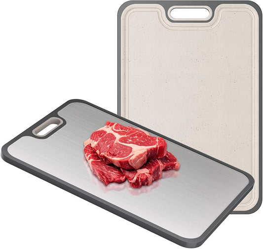 2IN1 Titanium Cutting Boards for Kitchen,Metal Cutting Boards With Pure Titanium and Wheat Straw PP,Double Sided Chopping Board with Juice Groove Dishwasher Safe Easy to Clean Non Toxic 15"X10"