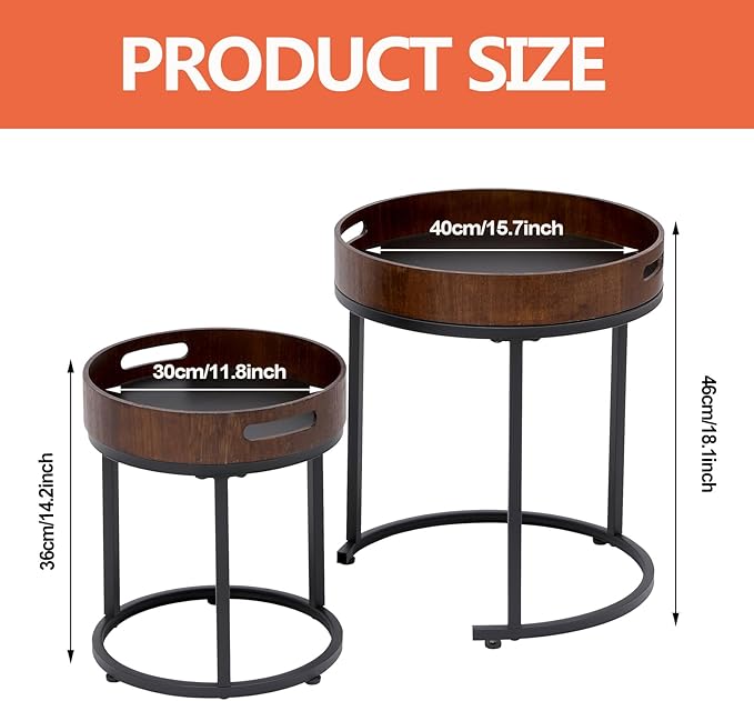 Nesting Coffee Table Set of 2, Small Round Stacking Side Table Set with Metal Frame, Nesting Tables for Living Room Bedroom Office Balcony (Wood, 2)