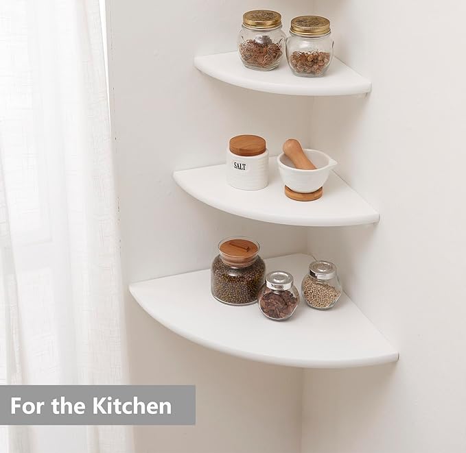 Corner Shelf, White Solid Oak Wood Floating Corner Shelf Wall Mount Round End Floating Speaker Shelf Display Shelf for Small Plant Photo Frame (White, 16in)