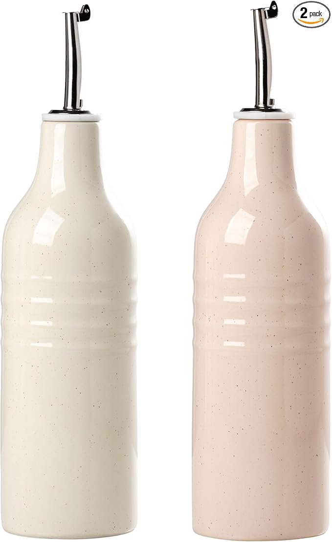 famiware Jupiter 16oz Ceramic Olive Oil Dispenser Bottle, Olive Oil and Vinegar Dispenser Bottle Set of 2 with Stainless Steel Pourers, Suitable for Storage Vinegar, Vanilla White & Light Pink