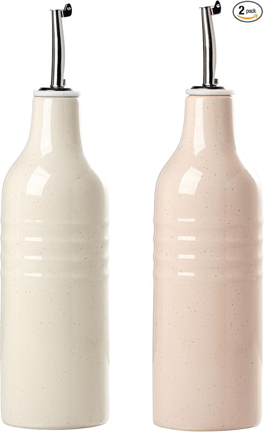 famiware Jupiter 16oz Ceramic Olive Oil Dispenser Bottle, Olive Oil and Vinegar Dispenser Bottle Set of 2 with Stainless Steel Pourers, Suitable for Storage Vinegar, Vanilla White & Light Pink