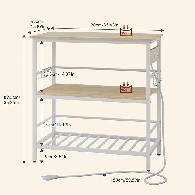 IBUYKE Kitchen Island with Storage, Bakers Rack with Power Outlet,Microwave Stand with Large Worktop,Rolling Bar Cart for Home, Outdoor, Kitchen,Light Wood TMJ029R