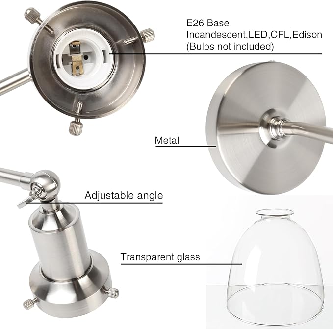 PERMO Industrial Vintage Slope Pole Wall Mount Single Sconce with 6.7" Oval Dome Clear Glass Shade Wall Sconce Light Lamp Fixture (Brushed Nickel)